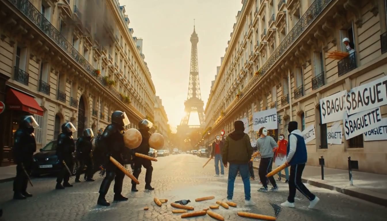 Broken baguettes on the cobblestones, $BAGUETTE signs and the Eiffel Tower behind