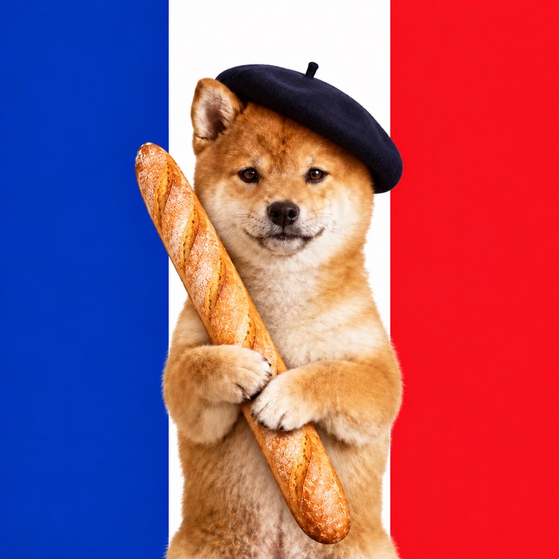 The Shiba in a beret with a baguette