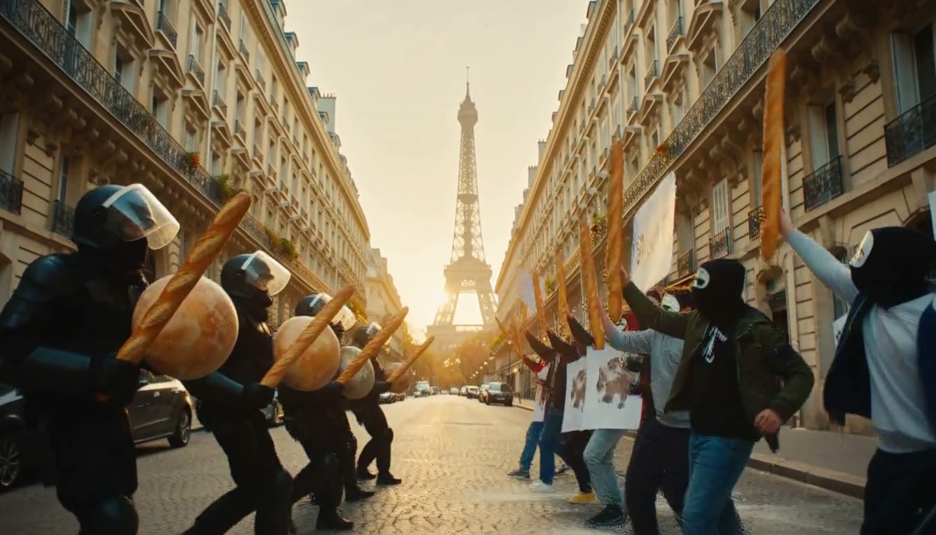 Officers with bread shields charge protesters waving $BAGUETTE signs